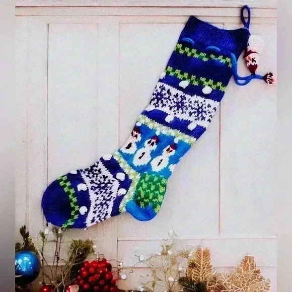 VTG Knit Christmas Stocking Snowman Blue Green Snowman Tassels Crochet Yarn - Picture 9 of 9